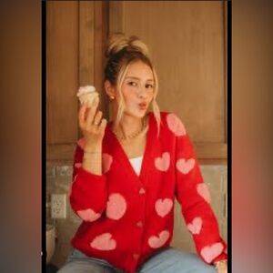 Stylish Red Cardigan with Pink Heart Accents